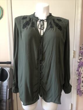 TORRID Olive Green Black Embroidery Blouse Long Sleeve Tie Neck Peek a Boo 1X